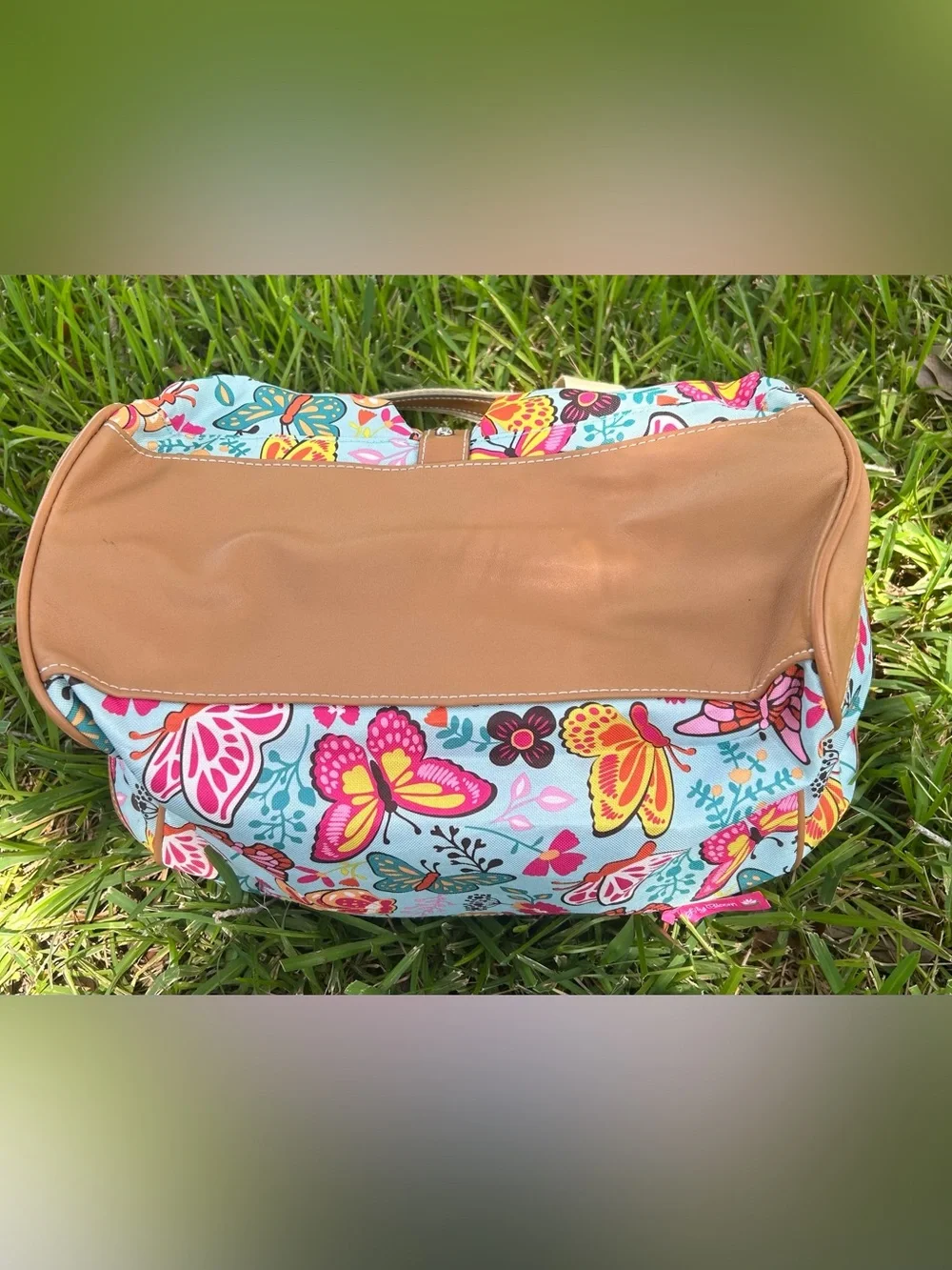 Lily Bloom Butterfly Print Tote in Blue, Pink & Tan